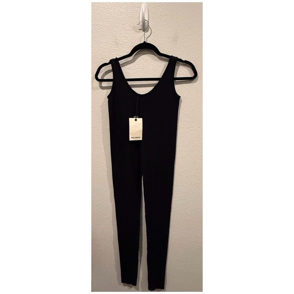 PULL AND BEAR Black Ribbed Unitard Jumpsuit